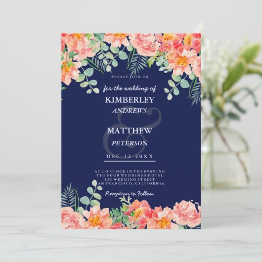 水色ネイビーブルーコーラルピンクの結婚植物体 招待状 (スタンド正面)