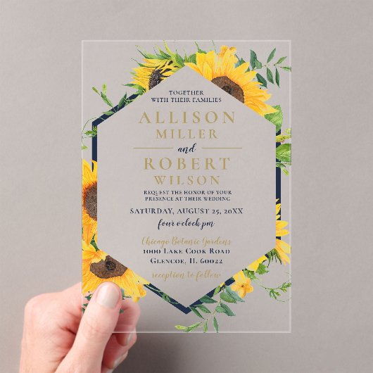 水色ネイビーブルーサンフラワー素朴ズ結婚 アクリル招待状 (インサイチュ (ポータブル))