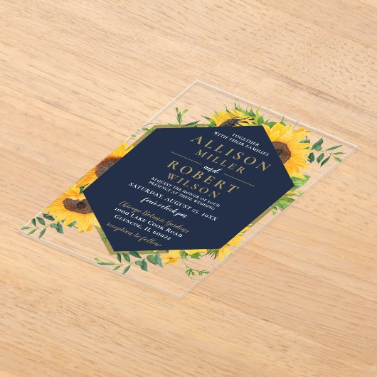 水色ネイビーブルーサンフラワー素朴ズ結婚 アクリル招待状 (レイダウン)