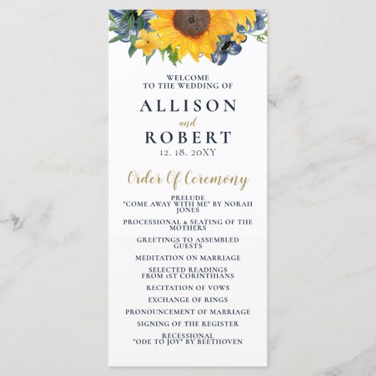 水色ネイビーブルーサンフラワー素朴ズ結婚 プログラム (正面)
