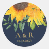 水色ネイビーブルーサンフラワー素朴ズ結婚 ラウンドシール (正面)