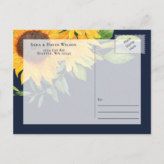 水色ネイビーブルーサンフラワー素朴ズ結婚 案内ポストカード (裏面)