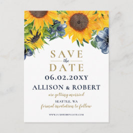 水色ネイビーブルーサンフラワー素朴ズ結婚 案内ポストカード