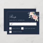 水色ネイビーブルーフローラシルバーRSVPカード 出欠カード (正面/裏面)