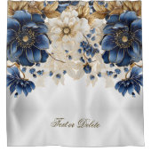 水色ネイビーブルーホワイトゴールデンシルバーフローラ シャワーカーテン (正面)