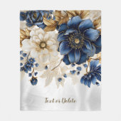 水色ネイビーブルーホワイトゴールデンシルバーフローラ フリースブランケット (正面)