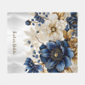 水色ネイビーブルーホワイトゴールデンシルバーフローラ フリースブランケット (正面(横))