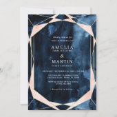 水色ネイビーブルーマーブル金ゴールド結婚ズ 招待状 (正面)