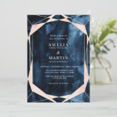 水色ネイビーブルーマーブル金ゴールド結婚ズ 招待状 (スタンド正面)