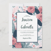 水色ネイビーブルーメイブピンク結婚フローラ 招待状 (正面)