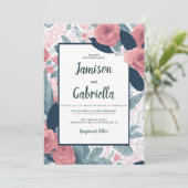 水色ネイビーブルーメイブピンク結婚フローラ 招待状 (スタンド正面)