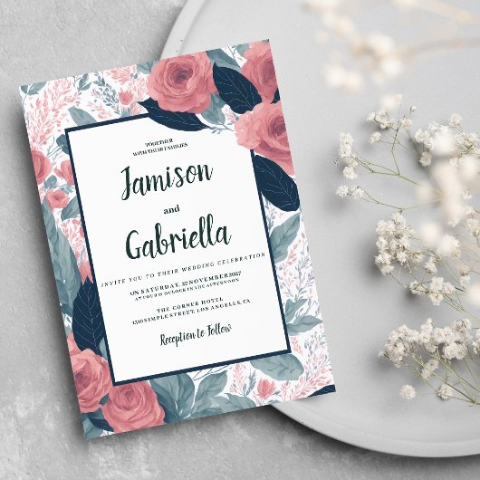 水色ネイビーブルーメイブピンク結婚フローラ 招待状