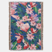 水色ネイビーブルーレッドサンゴ熱帯フローラ スローブランケット (正面縦)