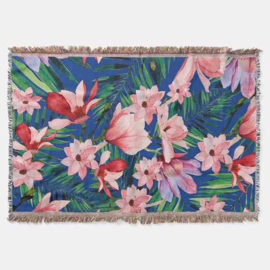 水色ネイビーブルーレッドサンゴ熱帯フローラ スローブランケット (正面)