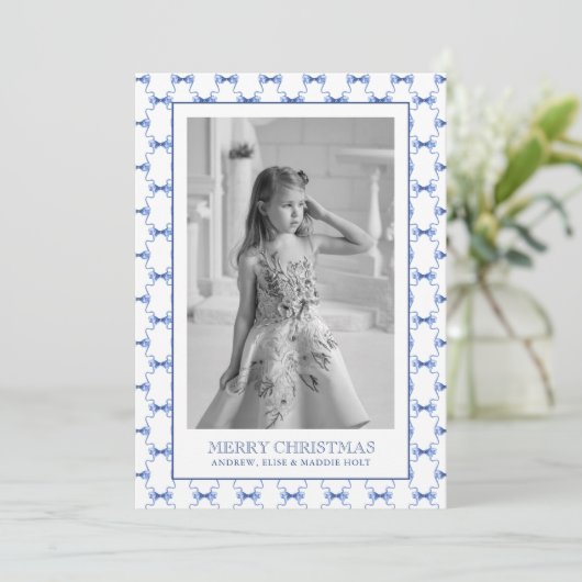 水色ネイビーブルー弓クリスマスフォト シーズンカード (スタンド正面)