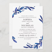 水色ネイビーブルー植物性婚約パーティ 招待状 (正面/裏面)
