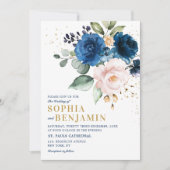 水色ネイビーブルー赤面バラフローラ結婚ズ 招待状 (正面)