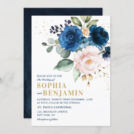 水色ネイビーブルー赤面バラフローラ結婚ズ 招待状