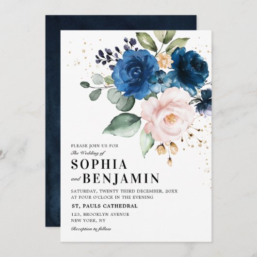 水色ネイビーブルー赤面バラフローラ結婚ズ 招待状 (正面/裏面)