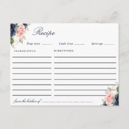 水色ネイビーブルー赤面ピンクフローラレシピカード ポストカード