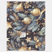 水色ネイビーブルー金ゴールドクリスマスモチーフ フリースブランケット (正面)