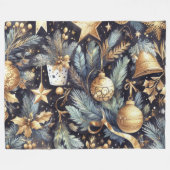 水色ネイビーブルー金ゴールドクリスマスモチーフ フリースブランケット (正面(横))