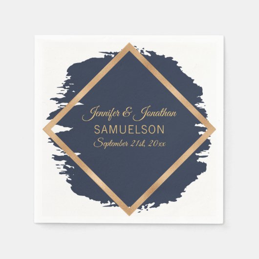 水色ネイビーブルー金ゴールドフレ結婚ーム スタンダードカクテルナプキン (正面)