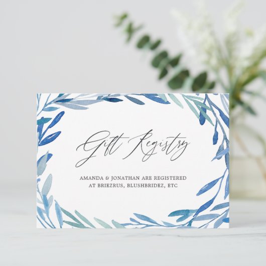 水色ネイビーリーフブライダルシャワーギフトレジストリ エンクロージャーカード (スタンド正面)