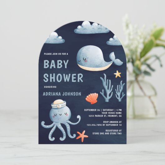 水色ネイビー航海のブルーアーチベビーシャワー 招待状 (スタンド正面)
