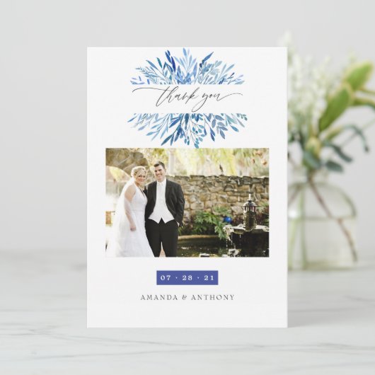 水色ネイビー葉インディゴ結婚の写真 サンキューカード (スタンド正面)