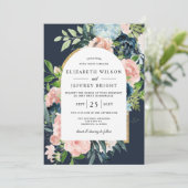 水色ネイビー赤面金ゴールドフローラアーチ結婚ズ 招待状 (スタンド正面)