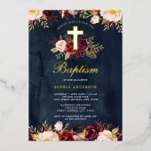 水色ネイビー金ゴールドブルゴーニュフローラバプテスマ 箔招待状 (正面)