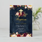 水色ネイビー金ゴールドブルゴーニュフローラバプテスマ 箔招待状 (立ち正面)