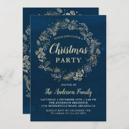 水色ネイビー金ゴールドリースクリスマスパーティー 招待状