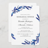 水色ネイビー青い植物性リハーサルディナー 招待状 (正面/裏面)