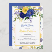 水色ネイビー黄色がかった金ゴールドフローラブライダル 招待状 (正面/裏面)