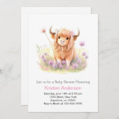 水色ハイランド牛の女の子お洒落赤ちゃんシャワー 招待状 (正面/裏面)