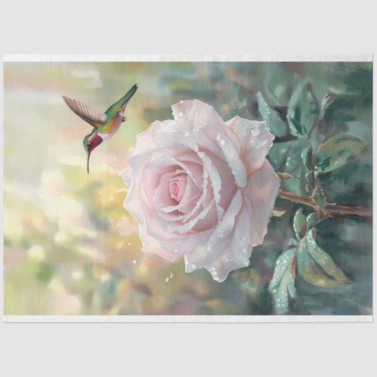 水色ハミングバードとピンクローズのデコページ 薄葉紙 (正面)