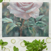 水色ハミングバードとピンクローズ キッチンタオル (折り畳み)