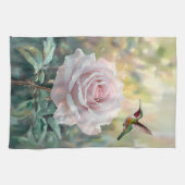 水色ハミングバードとピンクローズ キッチンタオル (横)