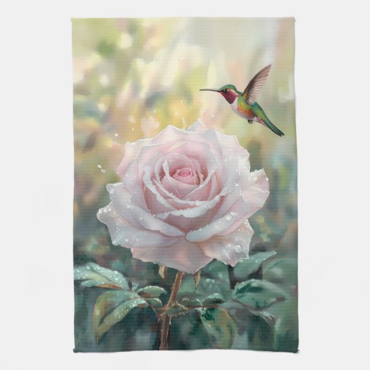 水色ハミングバードとピンクローズ キッチンタオル (縦)