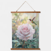水色ハミングバードとピンクローズ 吊り下げ型タペストリー (正面)