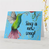 水色ハミングバードクリスチャン カード (黄色い花)