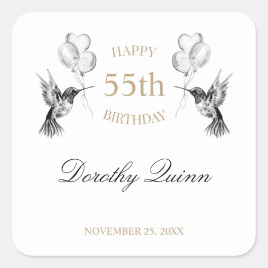 水色ハミングバードバルーンバースデーパーティー スクエアシール (正面)