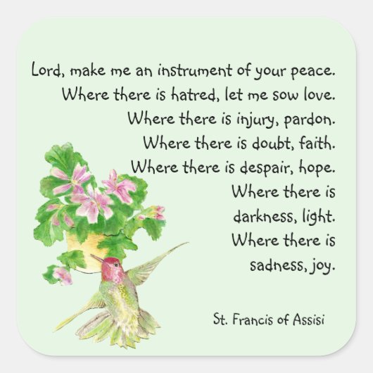 水色ハミングバードバードセントフランシス祈りの言葉 スクエアシール (正面)