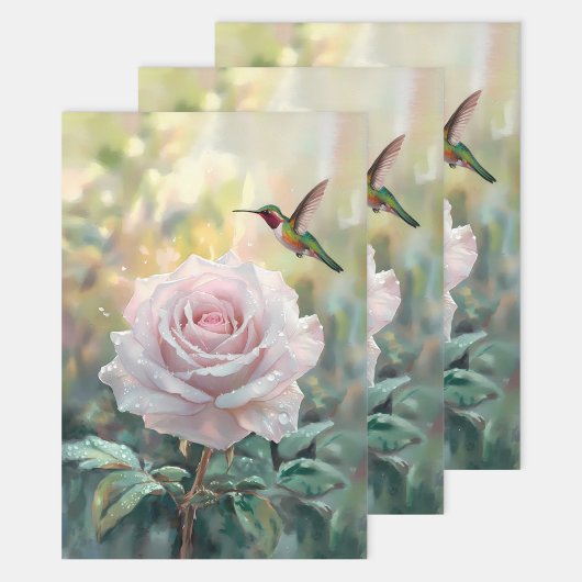 水色ハミングバードピンクのバラの切り離し ラッピングペーパーシート
