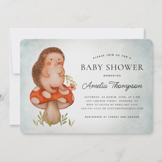 水色ハリネズミ及びきのこ青ベビーシャワー 招待状 (正面)