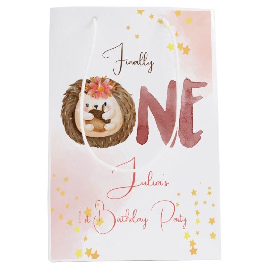 水色ハリネズミ第1誕生日 ミディアムペーパーバッグ (正面)