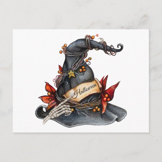 水色ハロウィーンウィッチハットとデコレーション シーズンポストカード (正面)