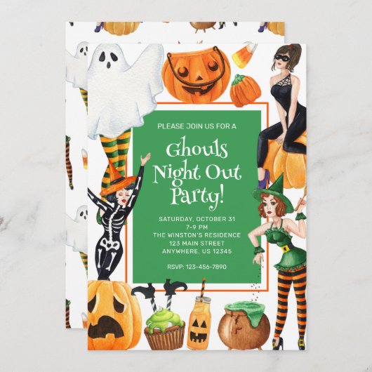 水色ハロウィーンファッションガールズウィッチパーティー 招待状 (正面/裏面)